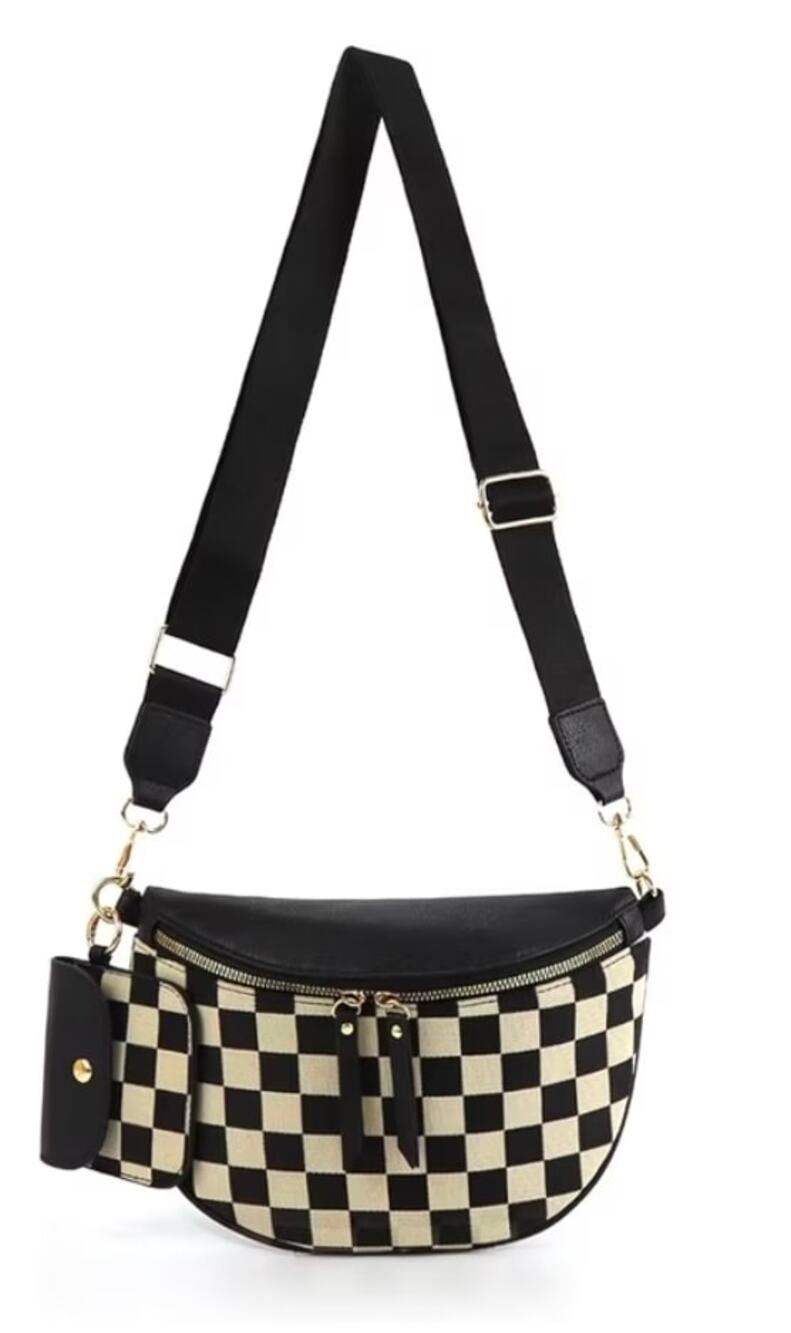 Checkerboard Crossbody Belt Bag Fanny Pack with Coin Pouch Black Cream